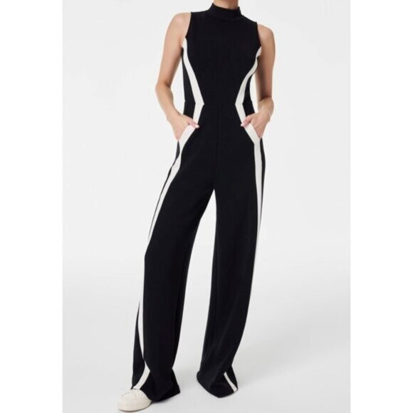 Spanx AirEssentials Mock Neck Striped Track Jumpsuit Black Wide Leg Romper L